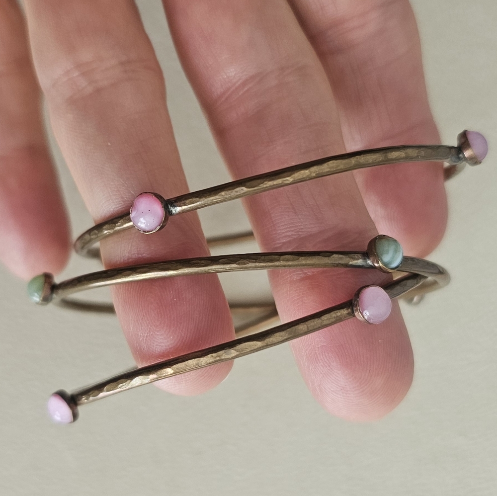 3 Bronze Bangle Bracelets with pink and green stones - Earth Tones
